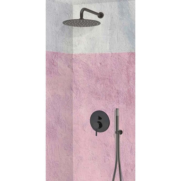 Colonne de douche encastrable murale et ronde LOTO, complète avec mitigeur 2 fonctions et tuyauteries, TRENTO + Noir